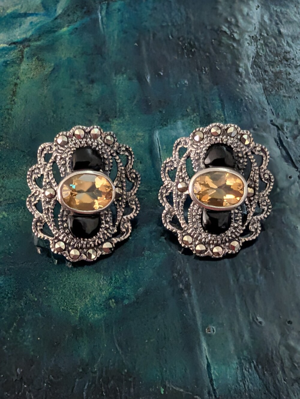 Art Deco Style Marcasite Citrine Earrings Black Enamel Sterling Silver Earrings